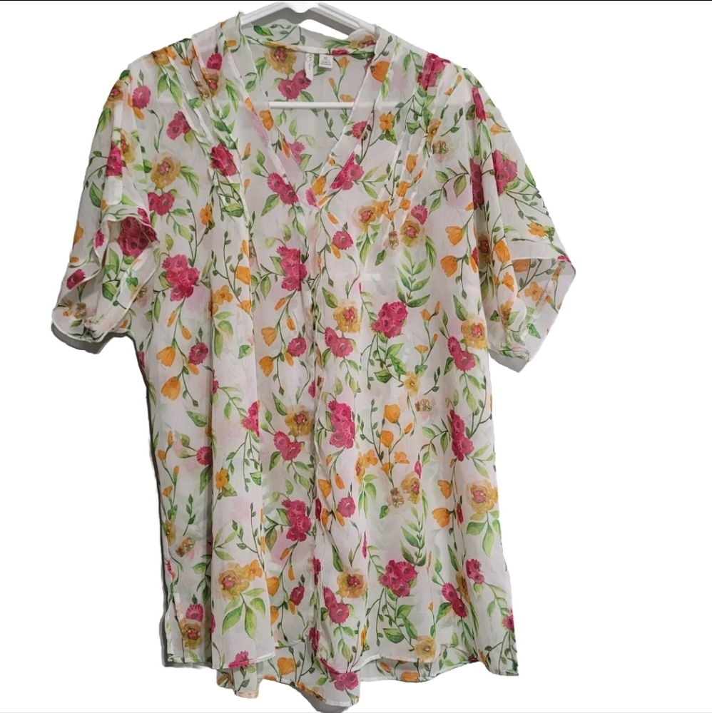 Cato Floral Blouse White Sheer short‎ sleeve top XL Romantic Cottagecore Pink